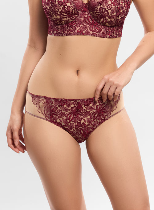 Burgundy lace lingerie set on a white background