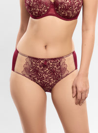 Burgundy lace lingerie set on a plain background