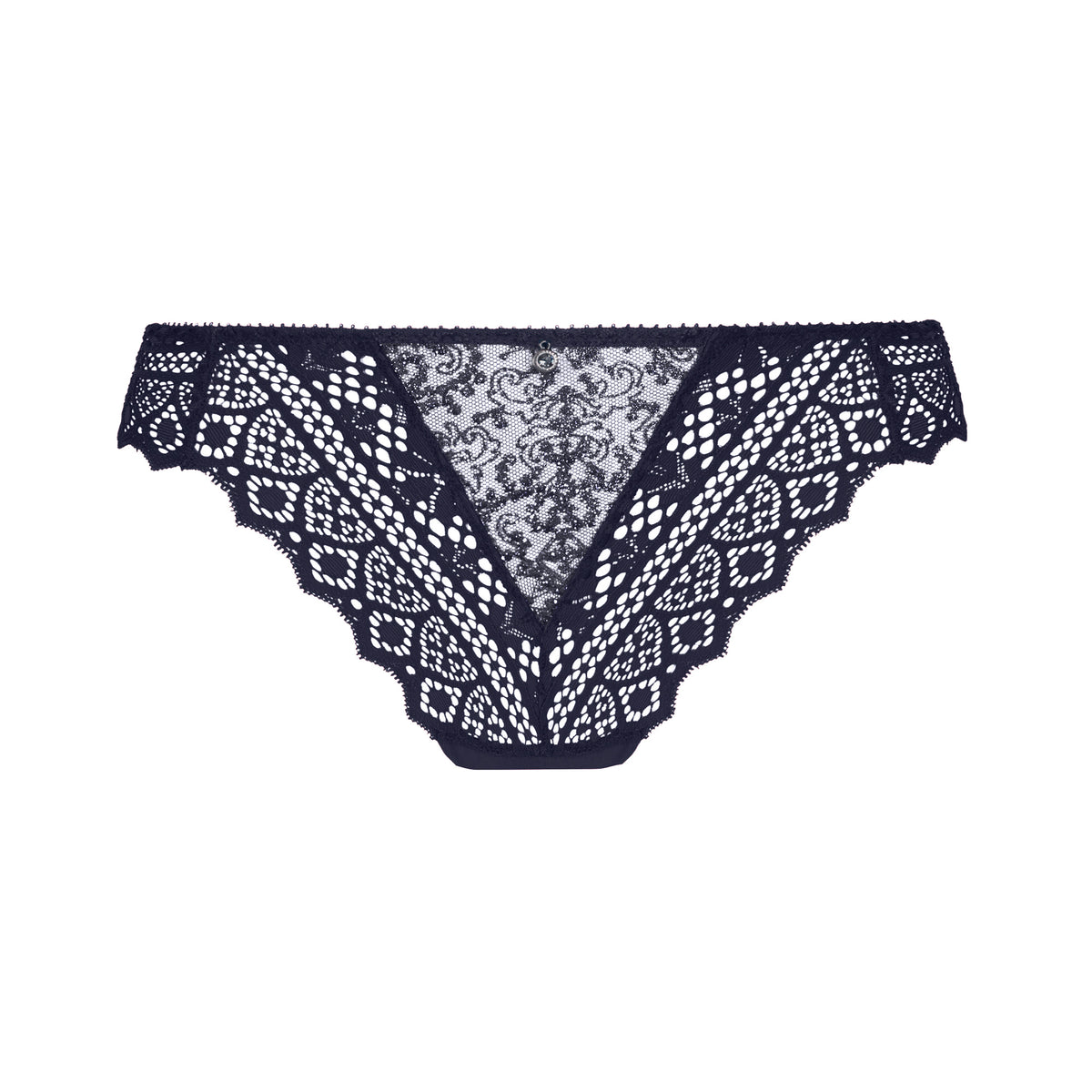 Navy blue lace underwear on a white background
