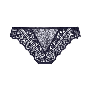Navy blue lace underwear on a white background