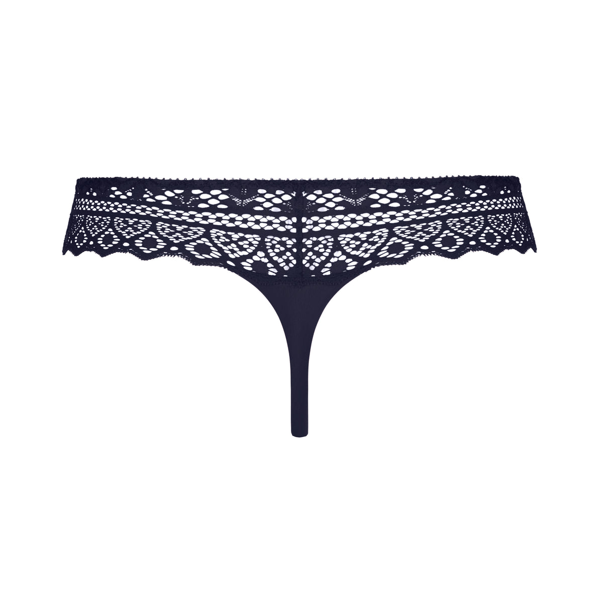 Navy blue lace thong on a white background