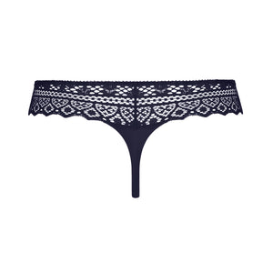 Navy blue lace thong on a white background