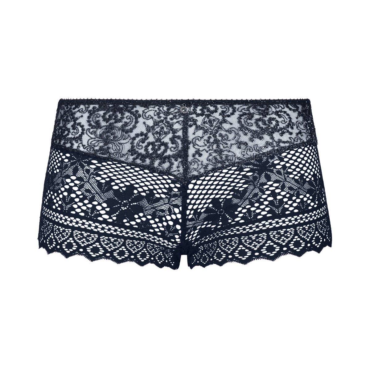 Navy lace underwear on a white background