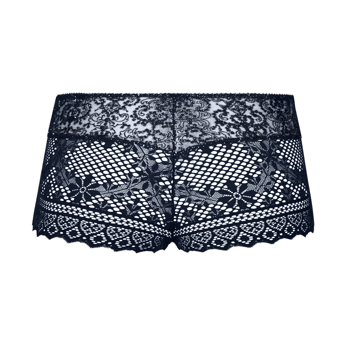 Navy lace underwear on a white background