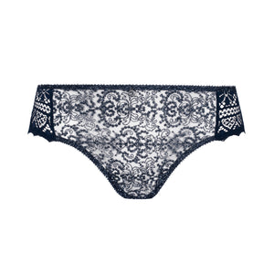 Navy blue lace underwear on a white background