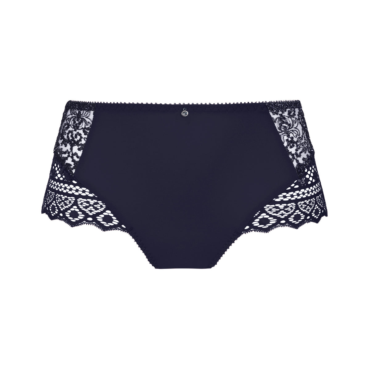Navy blue underwear with lace trim on a white background
