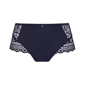 Navy blue underwear with lace trim on a white background
