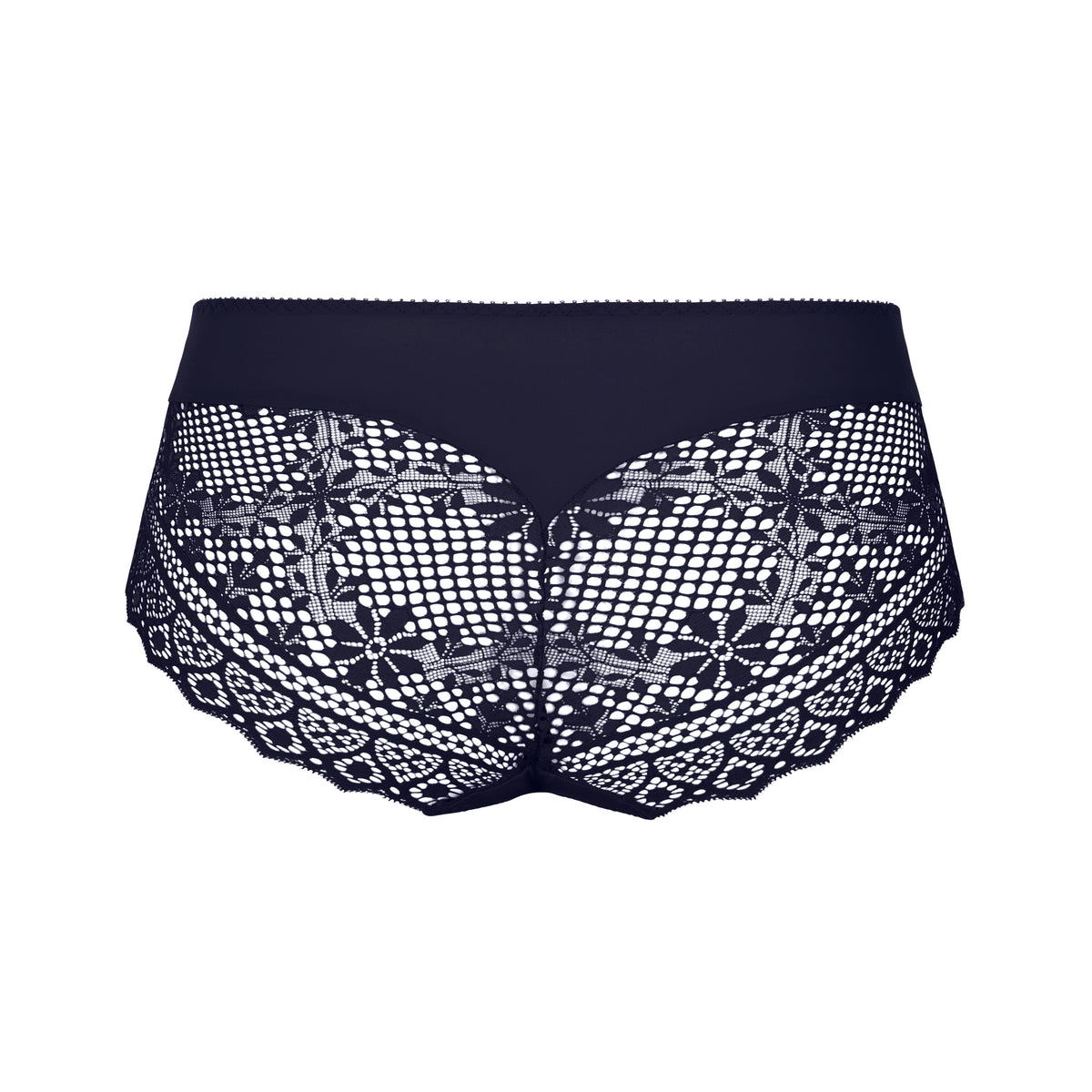 Navy blue underwear with white floral lace details on a white background