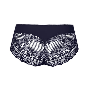 Navy blue underwear with white floral lace details on a white background