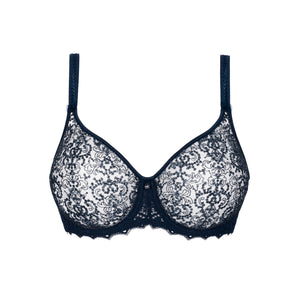 Navy blue lace bra on a white background