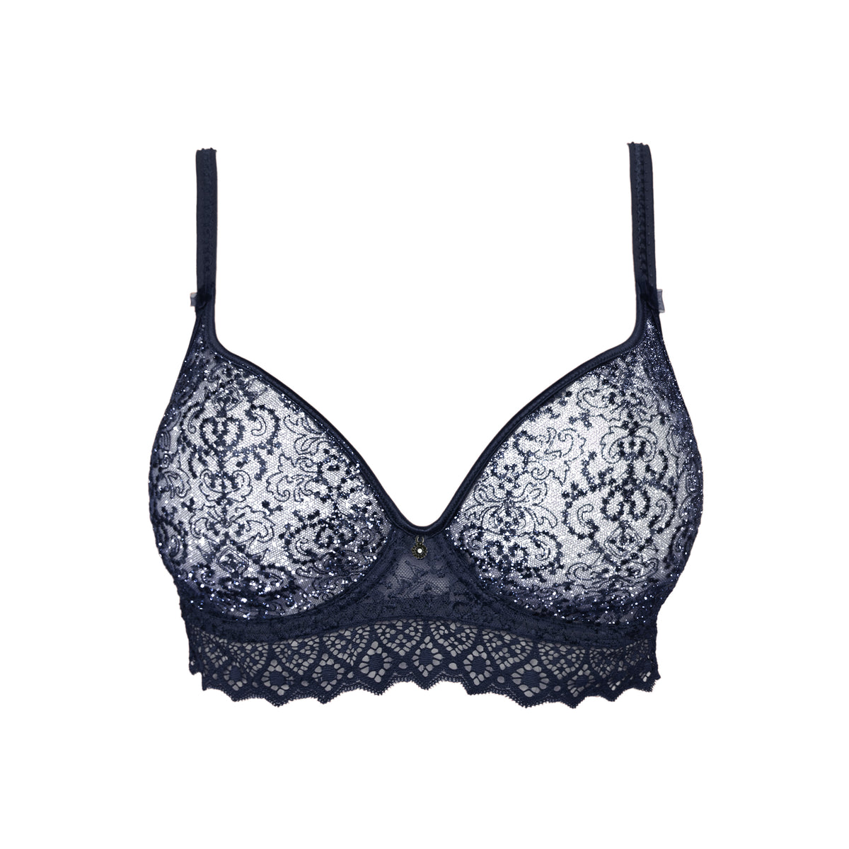 Navy blue lace bra on a white background