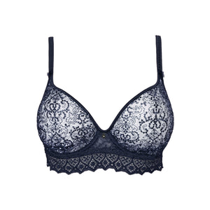 Navy blue lace bra on a white background