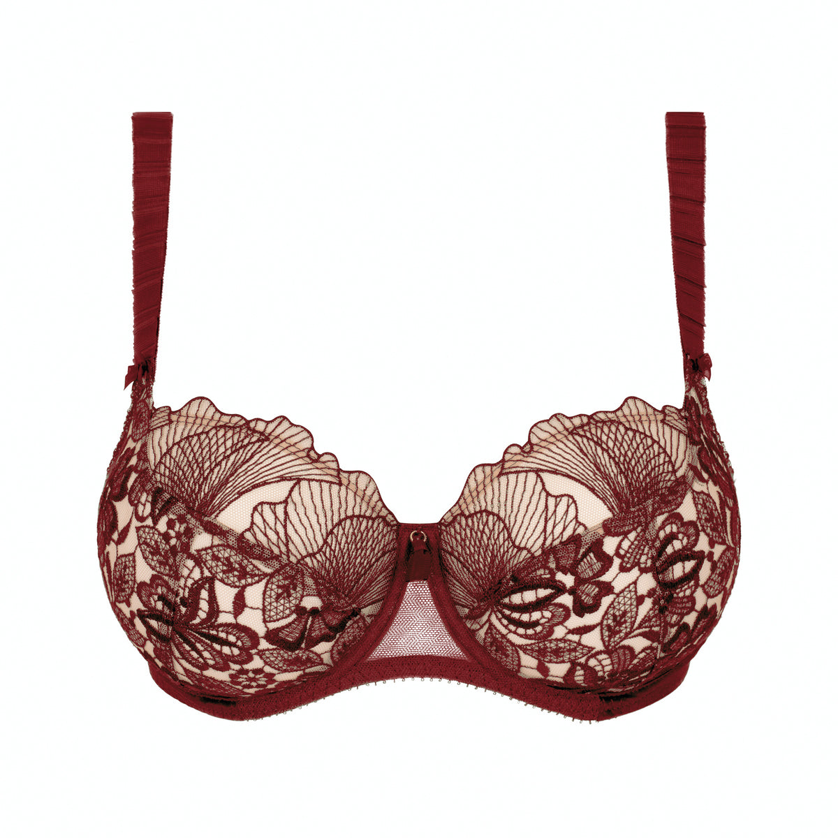 Lace bra with floral patterns on a white background