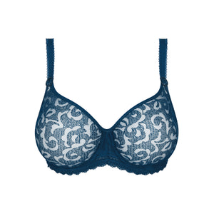 Blue lace bra on a white background