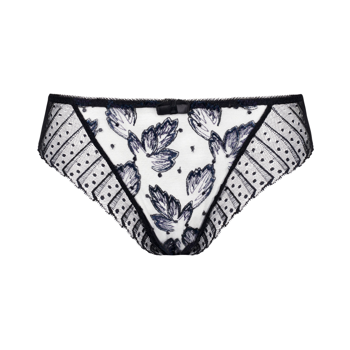 White underwear with black floral pattern and lace trim on a white background