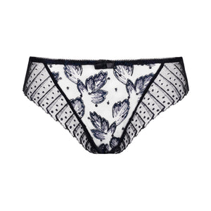 White underwear with black floral pattern and lace trim on a white background