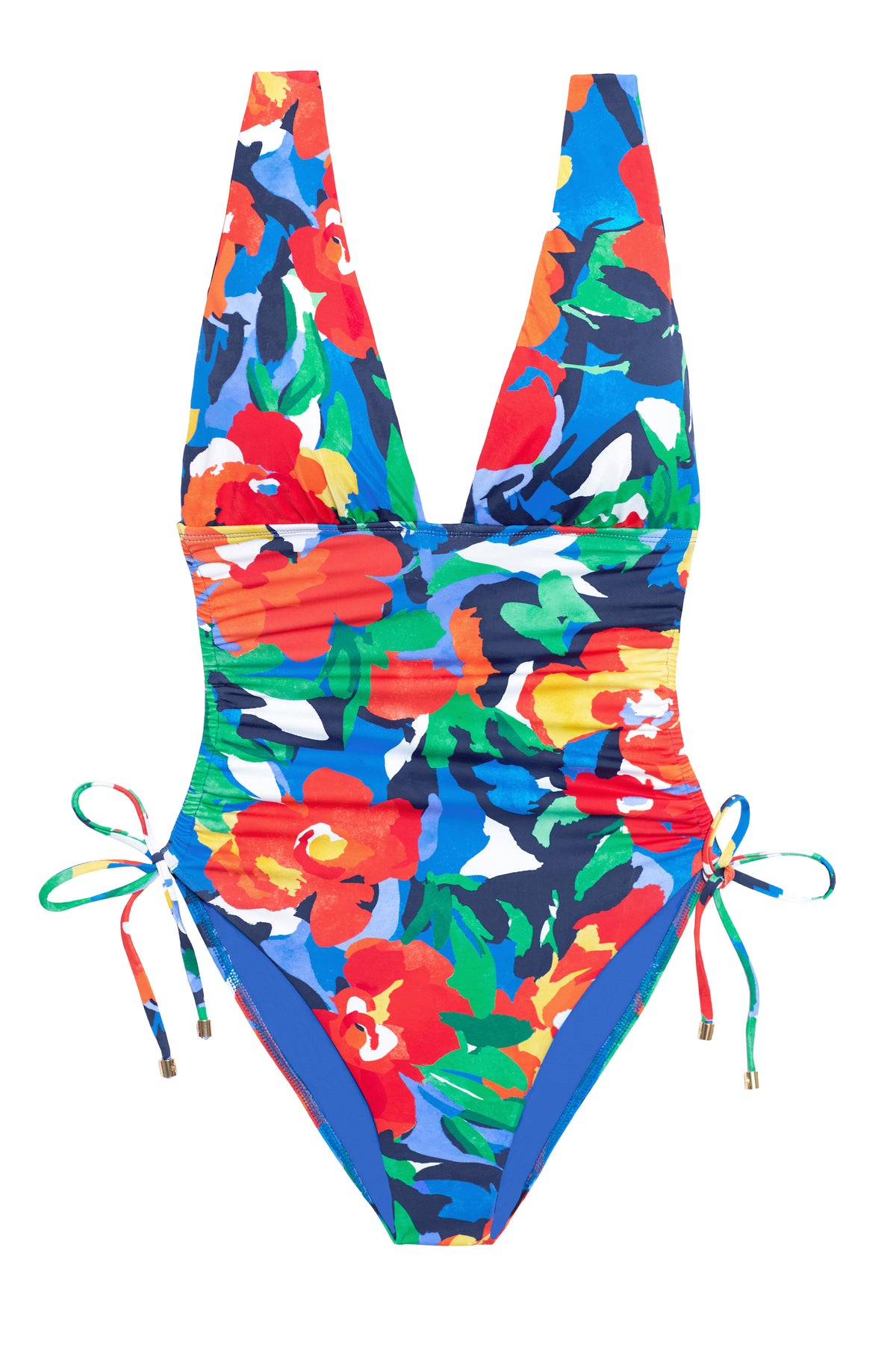 Bold Abstract Floral Shirred Plunge Swimsuit