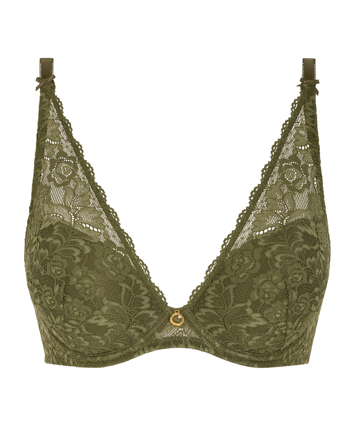 Green lace bra on a white background