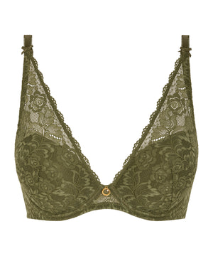 Green lace bra on a white background