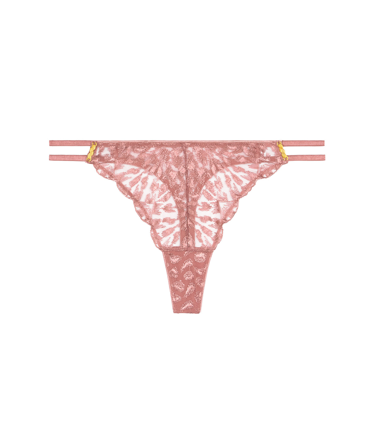 Pink lace thong on a white background