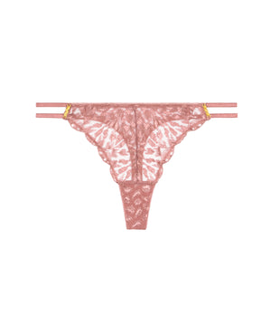 Pink lace thong on a white background