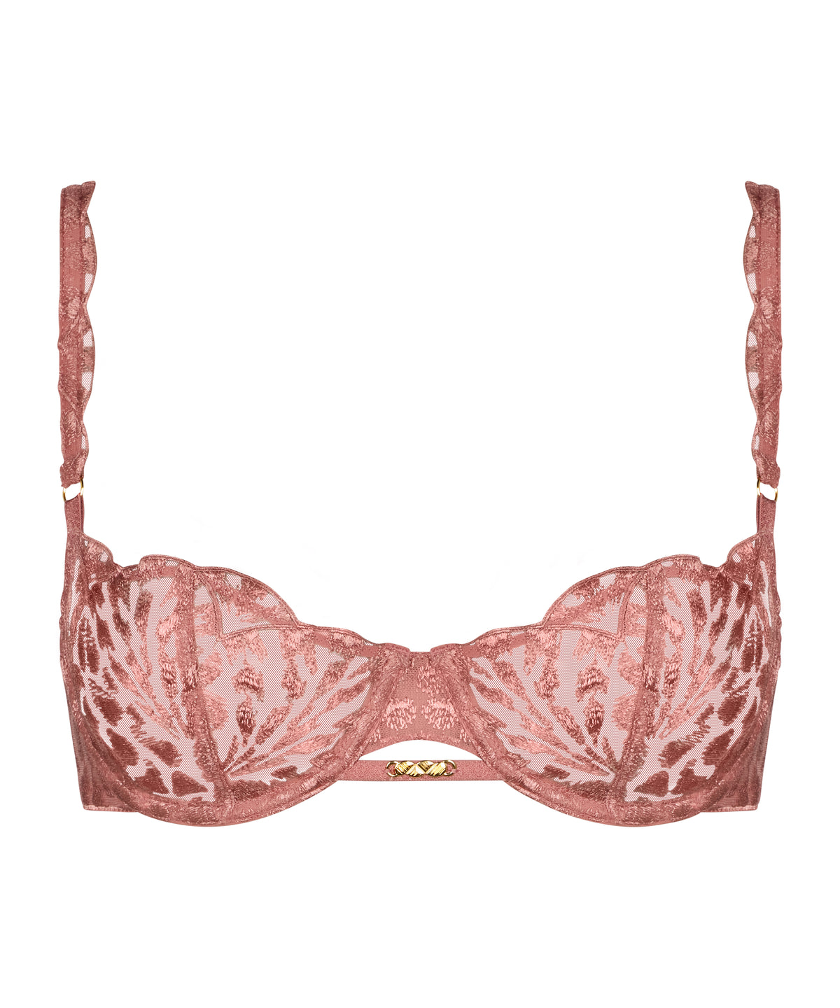 Pink lace bra on a white background