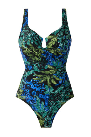 One-piece swimsuit with a tropical leaf pattern on a white background
