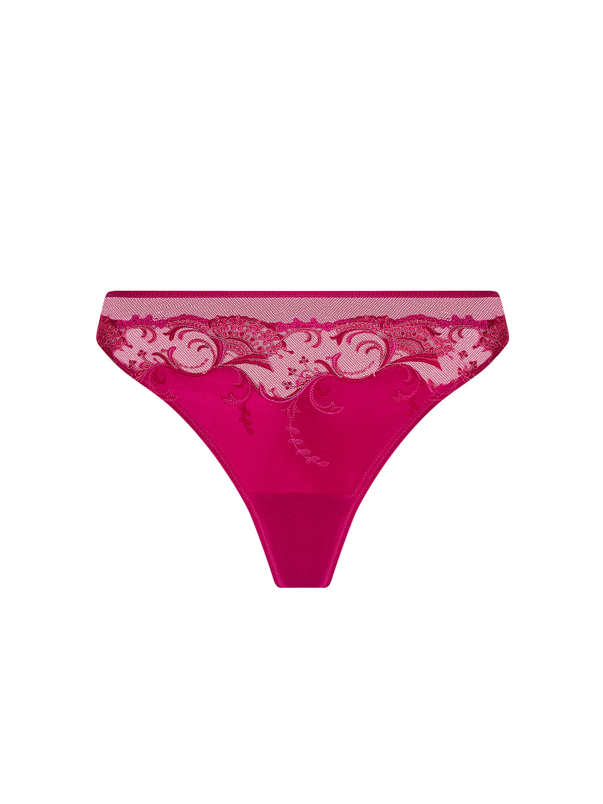 Pink lace thong on a white background