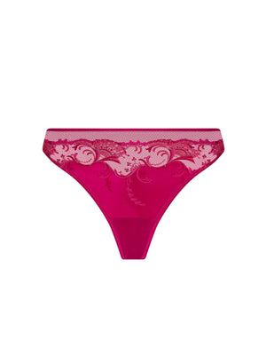 Pink lace thong on a white background