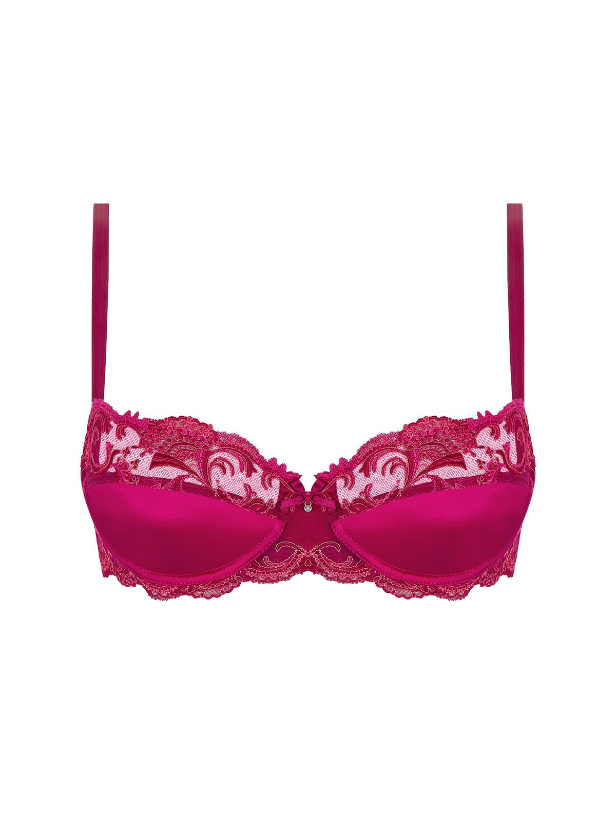 Pink lace bra on a white background