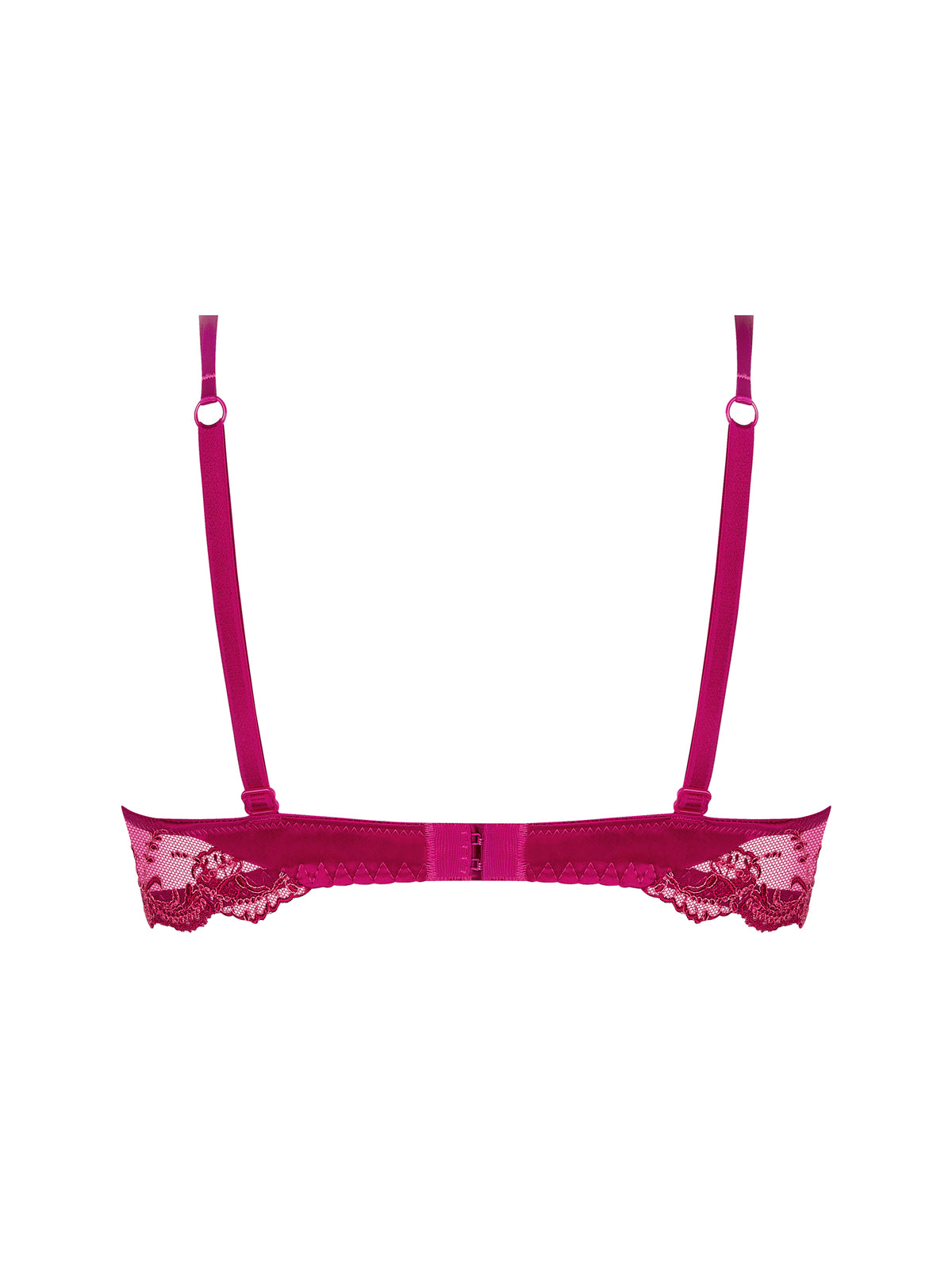Pink bra with lace details on a white background