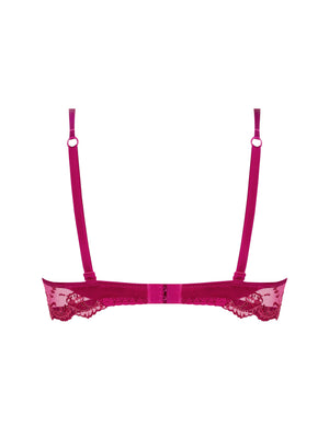 Pink bra with lace details on a white background