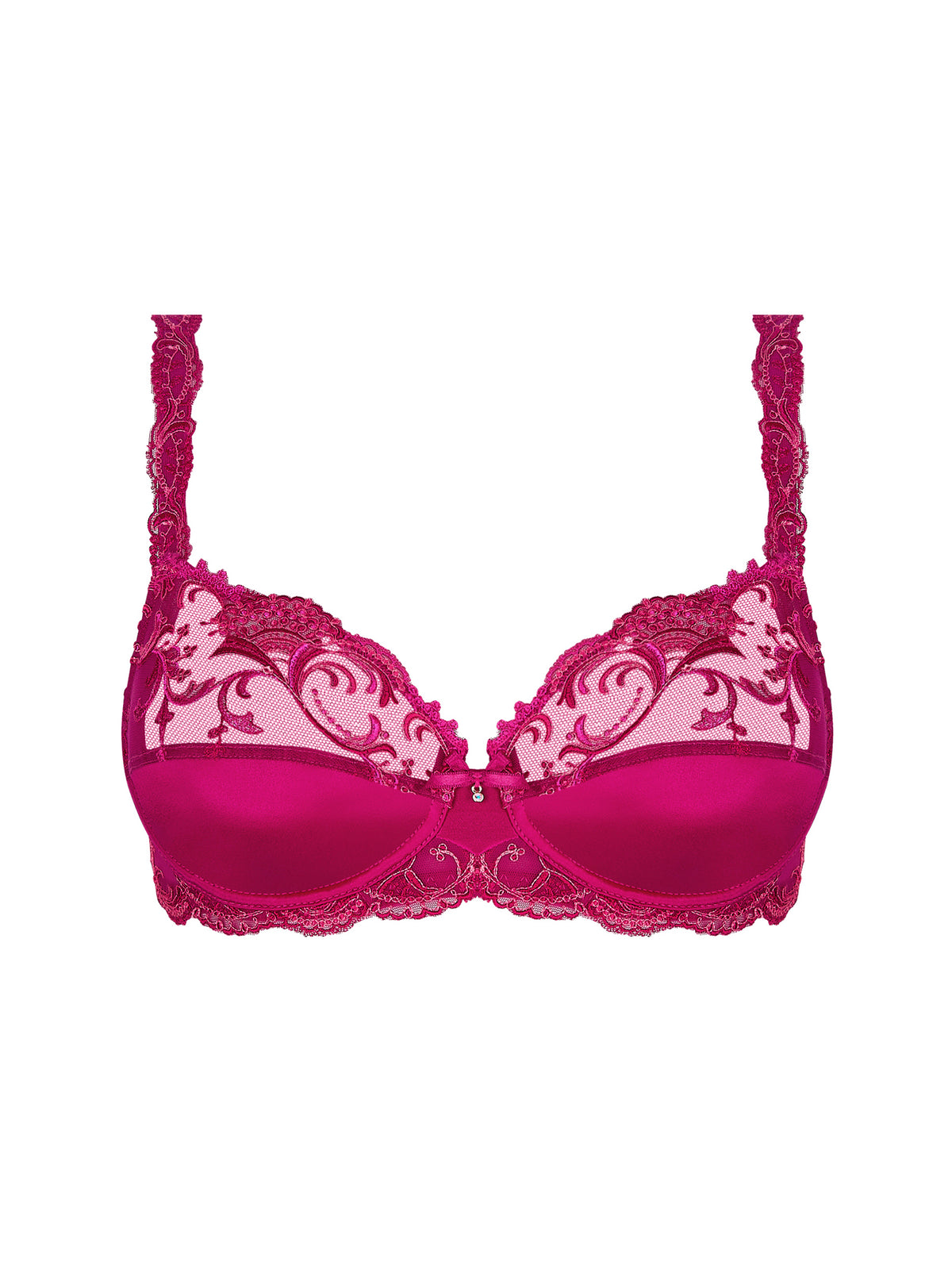 Pink bra with lace detailing on a white background