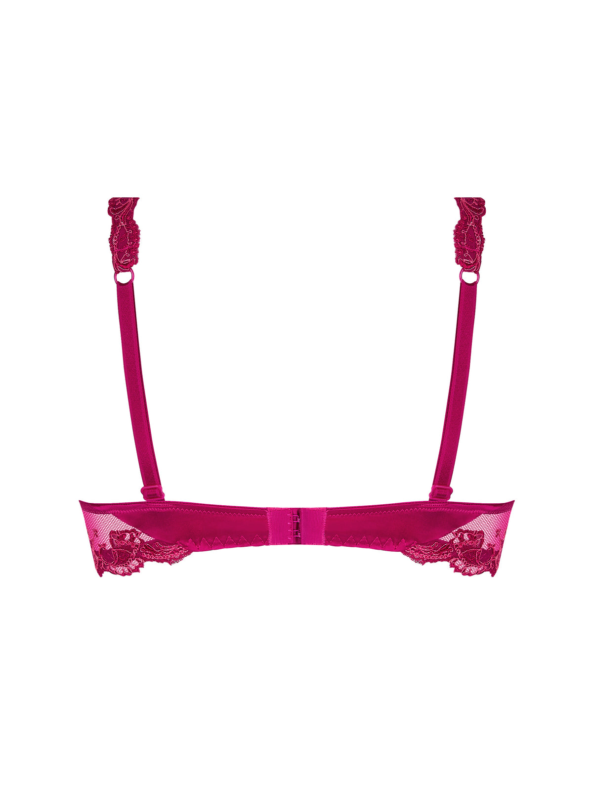 Pink lace bra with straps on a white background
