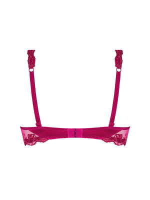 Pink lace bra with straps on a white background