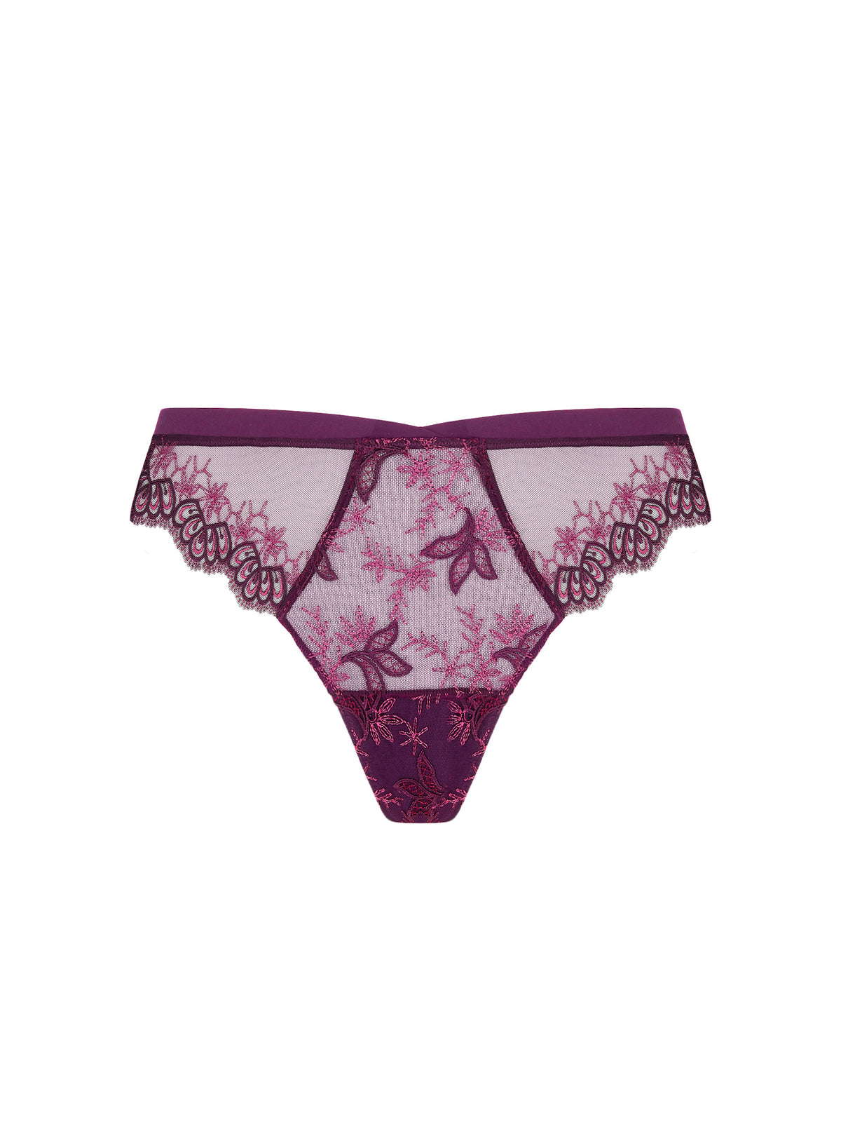 Lace-trimmed underwear with floral pattern on a white background