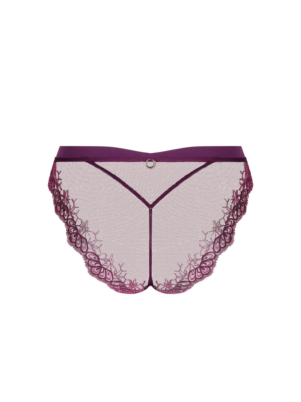 Lace-trimmed underwear with a purple waistband on a white background