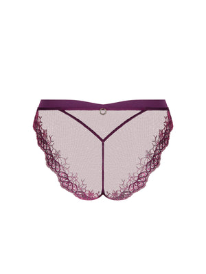 Lace-trimmed underwear with a purple waistband on a white background