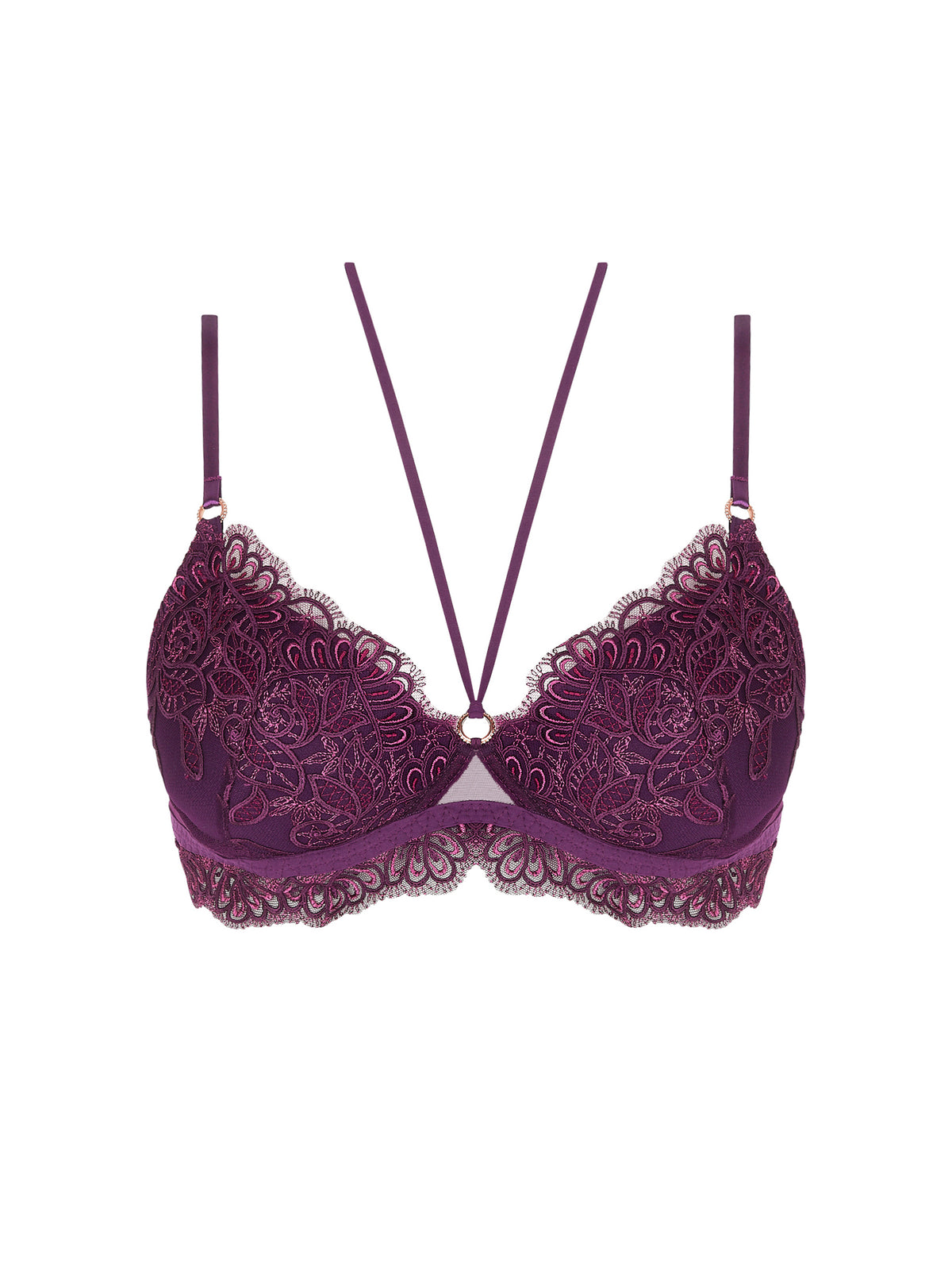 Purple lace bra on a white background