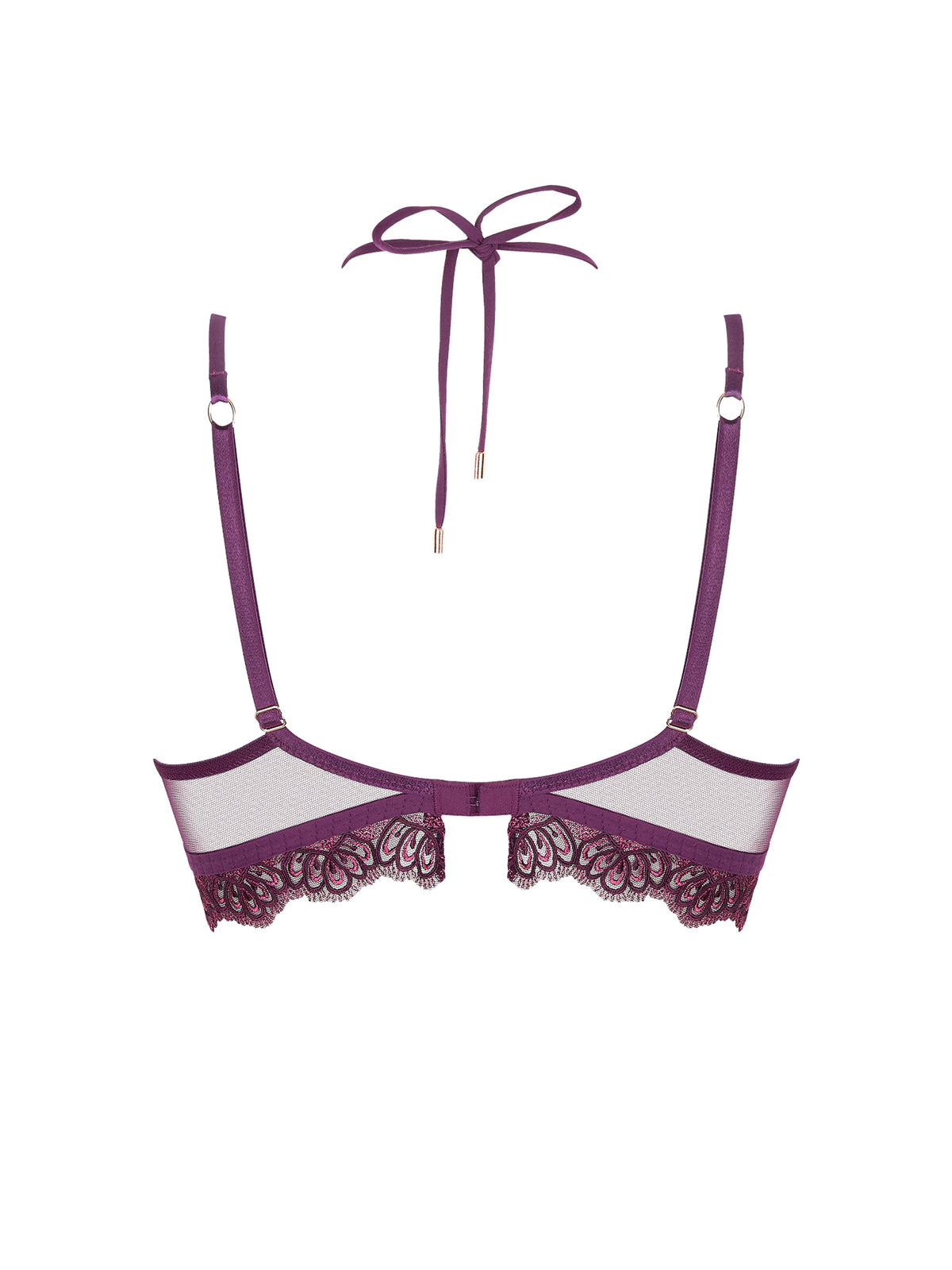 Purple lace bra on a white background