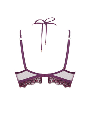 Purple lace bra on a white background