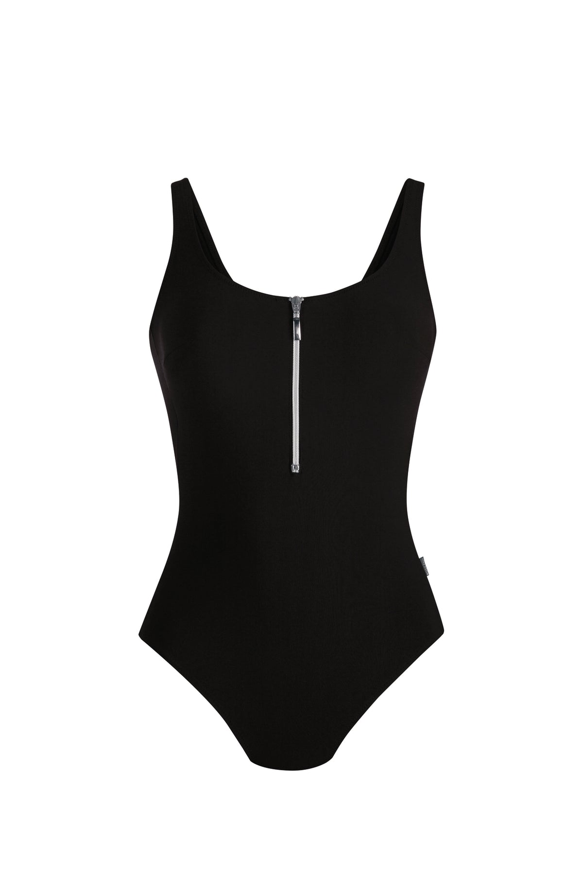 Black swimsuit with a zipper on a white background