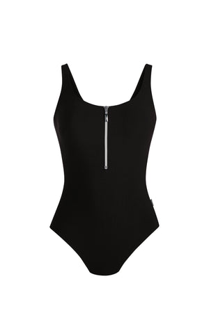 Black swimsuit with a zipper on a white background