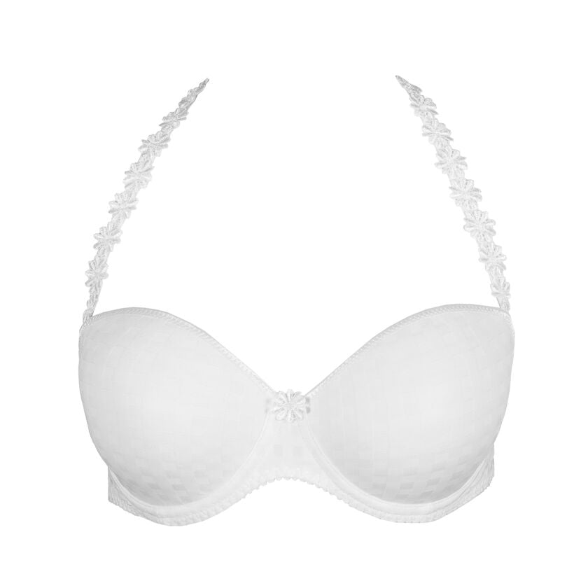 White bra with lace trim on a white background