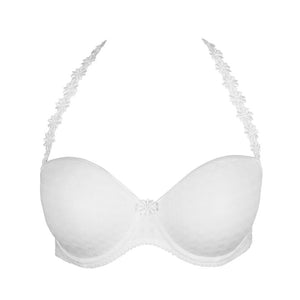 White bra with lace trim on a white background