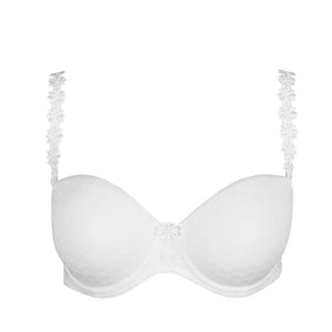 White bra with lace details on a white background