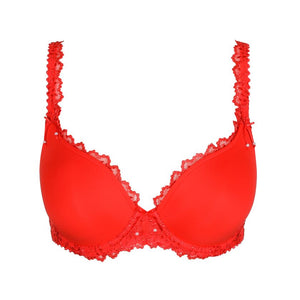 Red bra with lace details on a white background