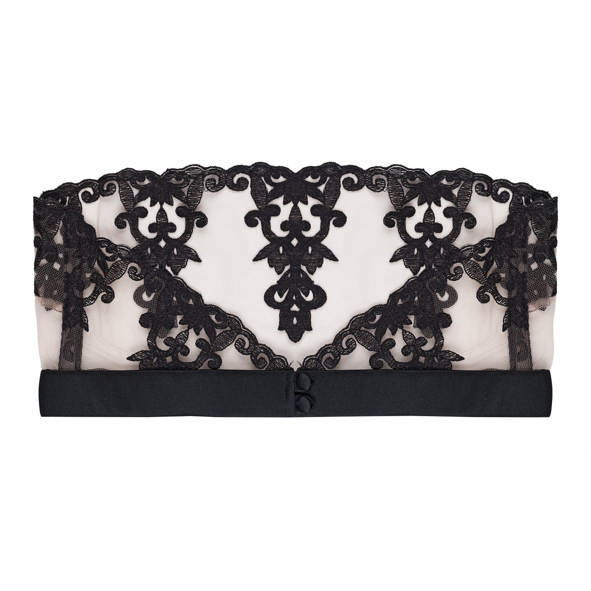 Black lace bralette on a white background