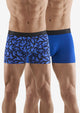 Two pairs of blue boxer briefs, one with a pattern and one solid, on a white background.