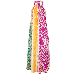 Colorful patterned halter neck dress on a white background
